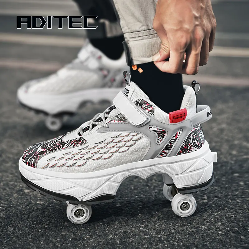 

Deformation Roller Skates Shoes Double Row 4-Wheel Skates Roller Shoes with Wheels Dual-Purpose Roller Sneakers Skateboard Shoes