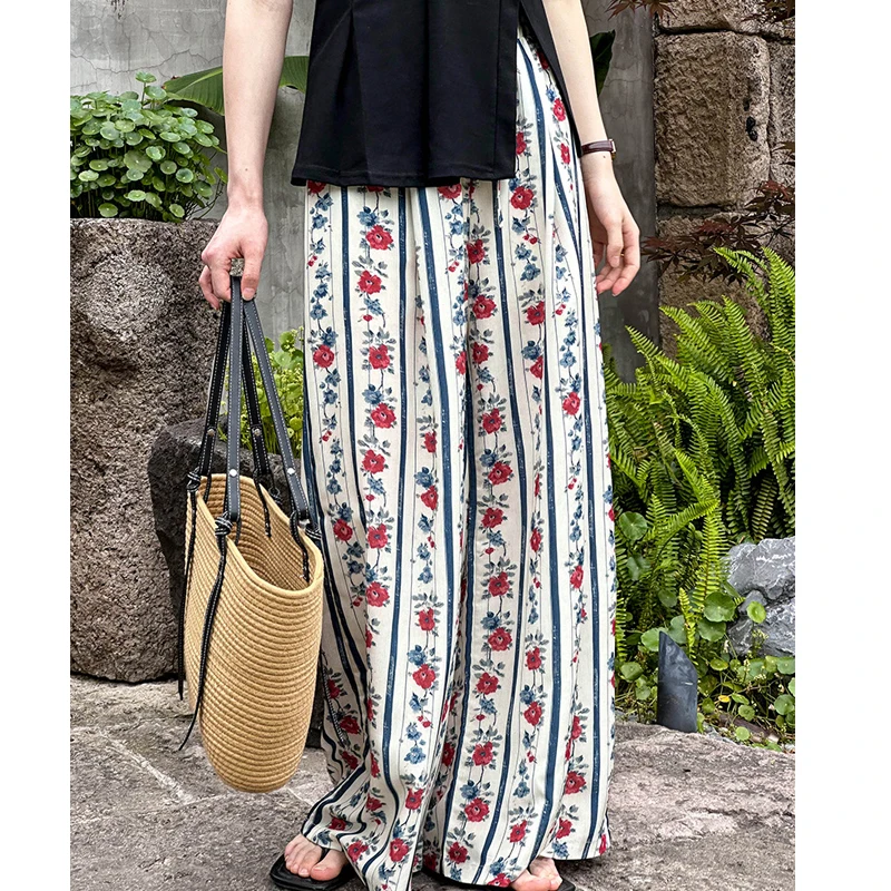 2024 Women Wide Leg Long Pants High Waist Stretch Floral Print Vintage Boho Pants Femme Faldas Jupe Saia Summer Clothes