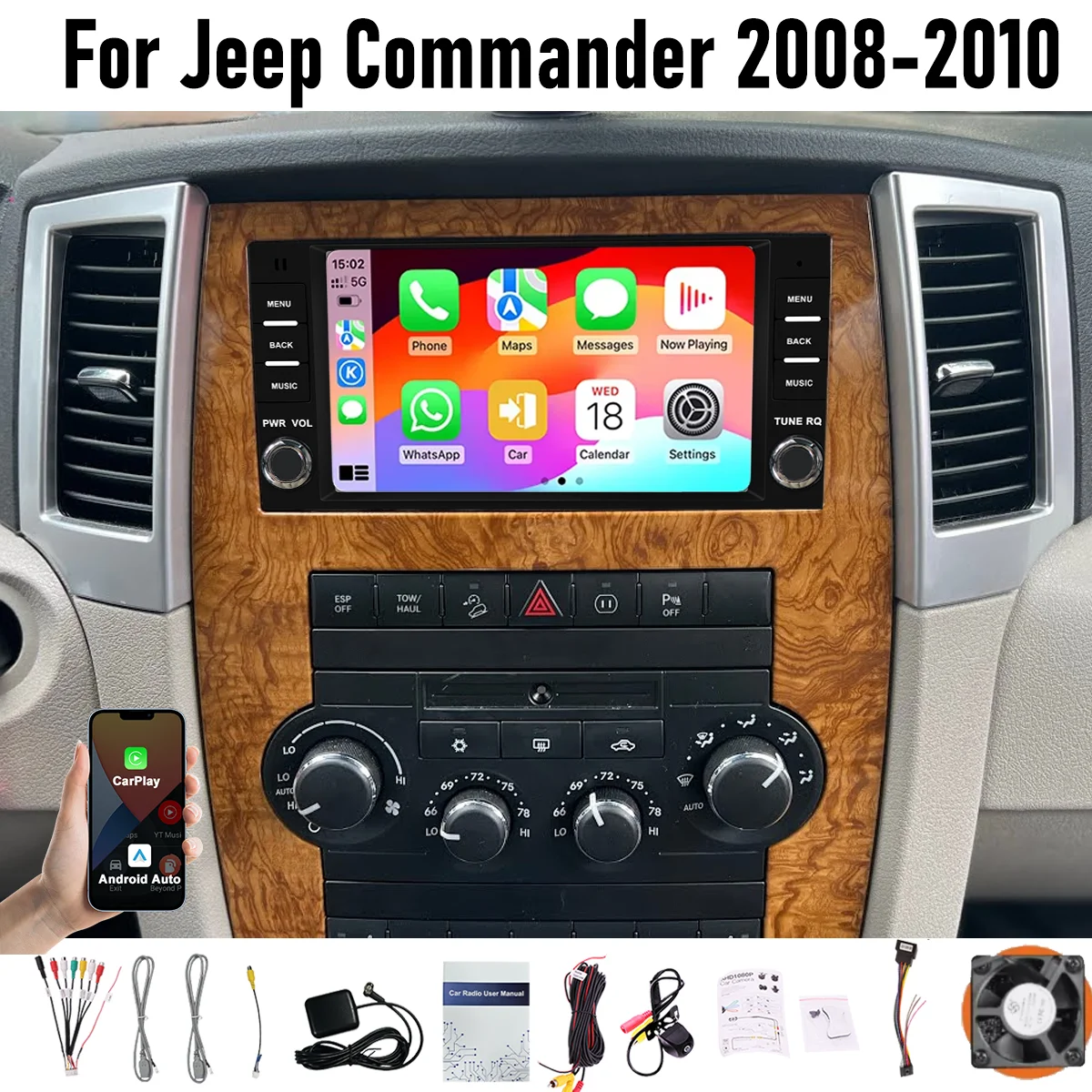

7“ Apple CarPlay Android auto 6-128GB (8CORE) For Jeep Commander 2008-2010 Screen Android15 Head Unit GPS Navigation Radio