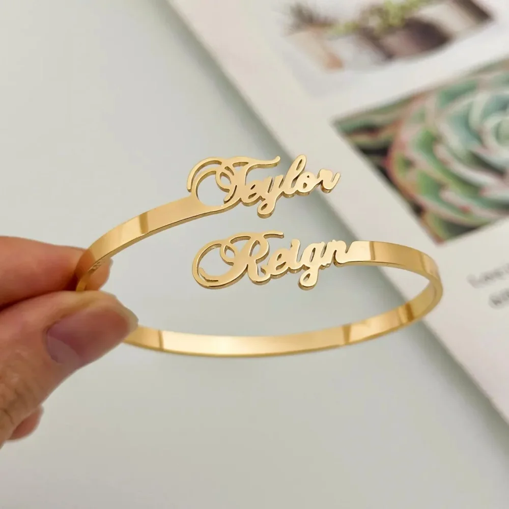 

Custom Double Name Bangles For Women Jewelry Stainless Steel Personalized Nameplate Bracelet Gifts For Her