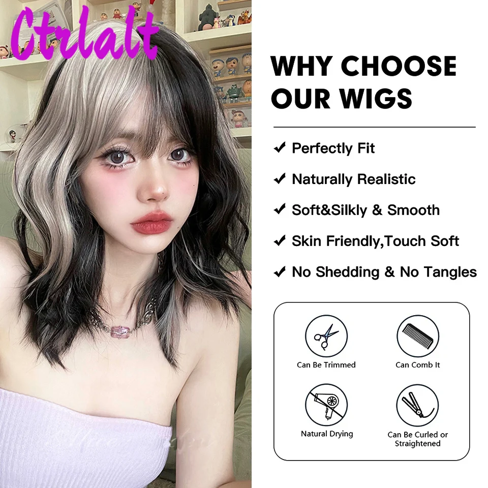 Synthetic Hair Wig Black Blone Curly Wig with Bangs Blue Highlight Halloween Hair for Women Cosplay Party Heat Resistant