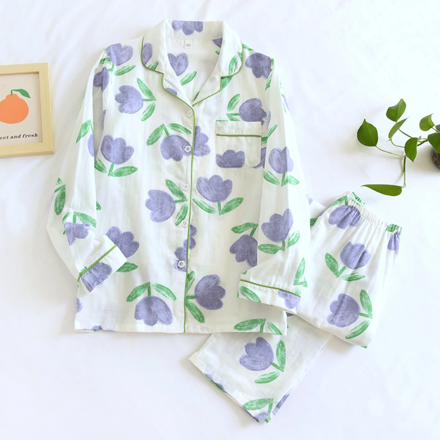 Women‘s 2-Piece Pajama Set - Japanese Style Double Gauze Sleepwear, 100% Cotton Button-Down Long Sleeve & Relaxed Fit, Lightweig