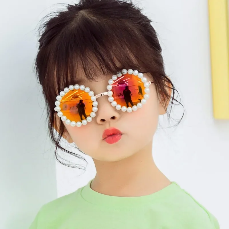 New Children's Circle Form Sunglasses Girl Decorative Pearl Frame Fashion Sun Glasses Cute Baby Outdoor Sunshade Eyewear UV400