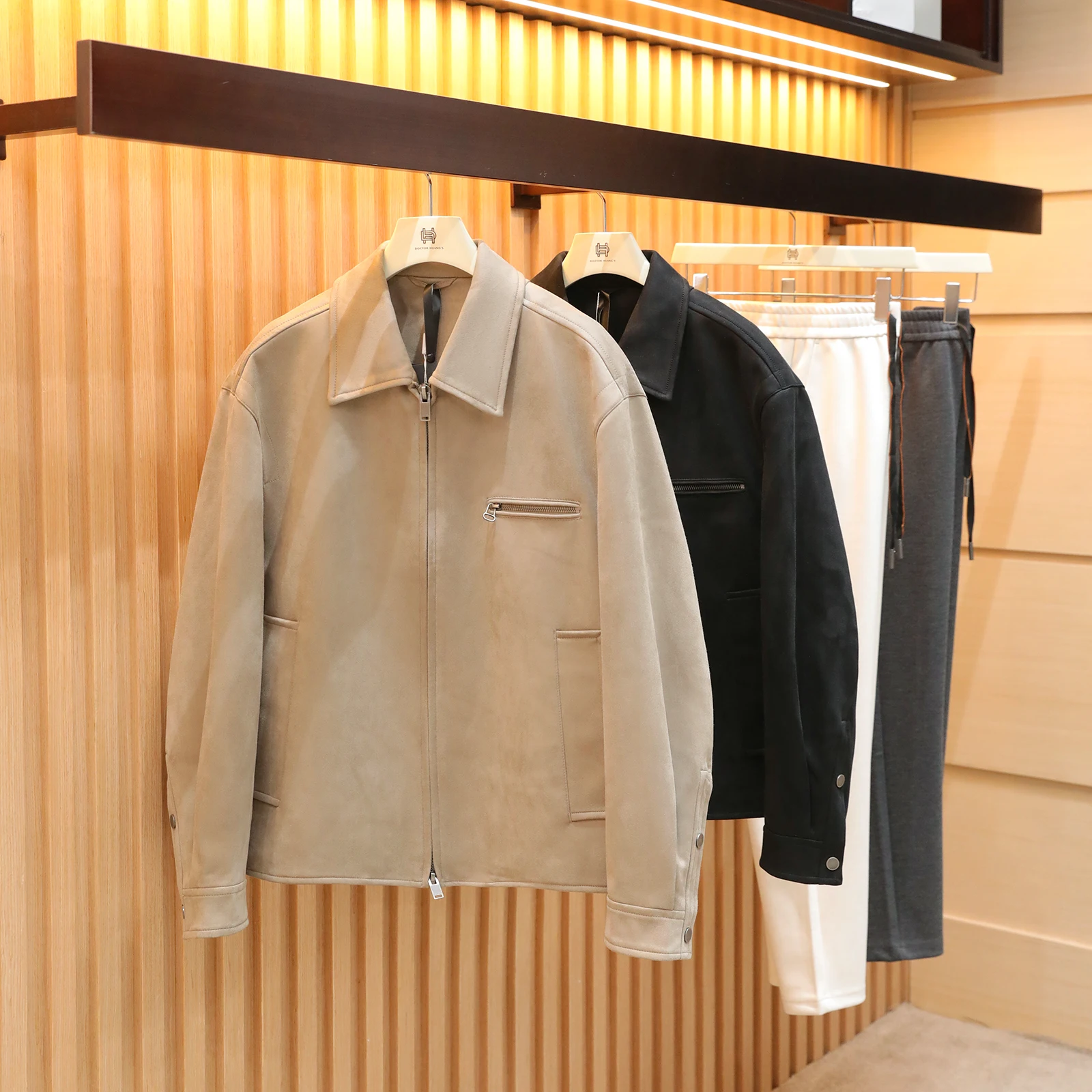 

Spring Autumn 2026 Men's Faionable Casual Suede Jaet Collar Zipper ket Busin Sle Polyester Fiber Long Sve Coat