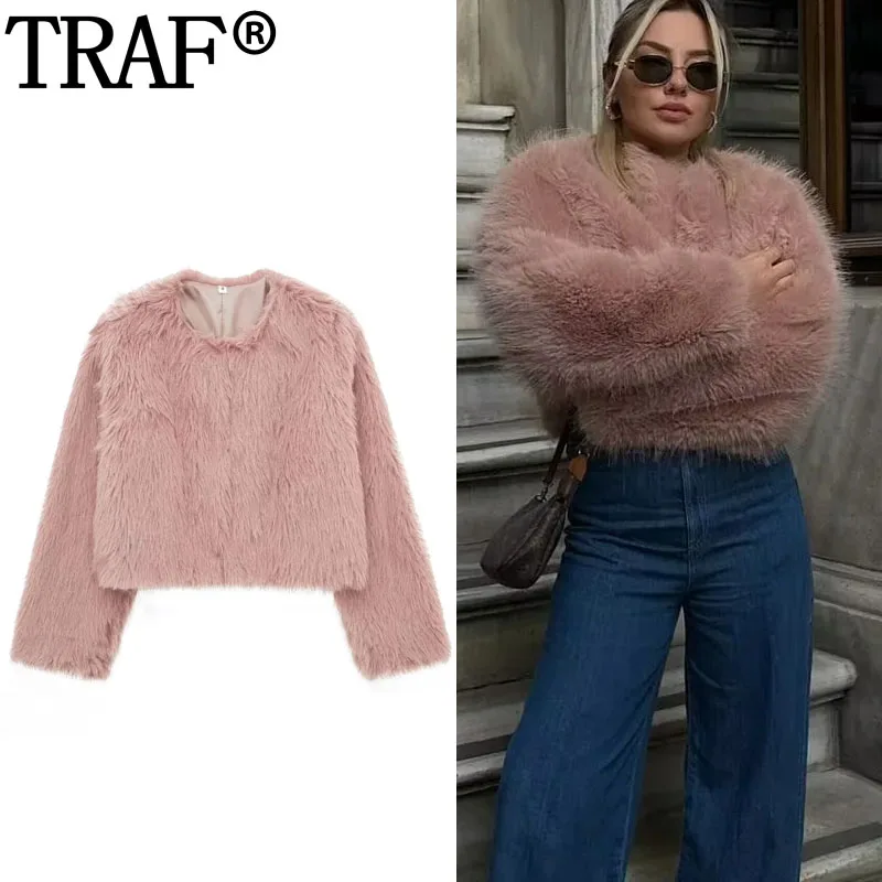 

TRAF Fluffy Pink Faux Fur Coat Women Autumn Winter Warm Cropped New In Coats Woman Streetwear Long Sleeve Plush Short Coats