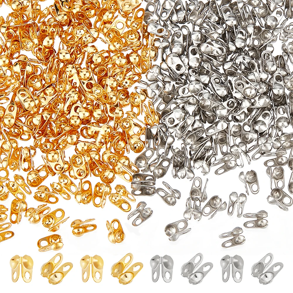 

300pcs 2 Colors Bead Tips Stainless Steel Calotte Ends Open Clamshell Knot Covers Golden & Stainless Steel Color 1mm Small Hole