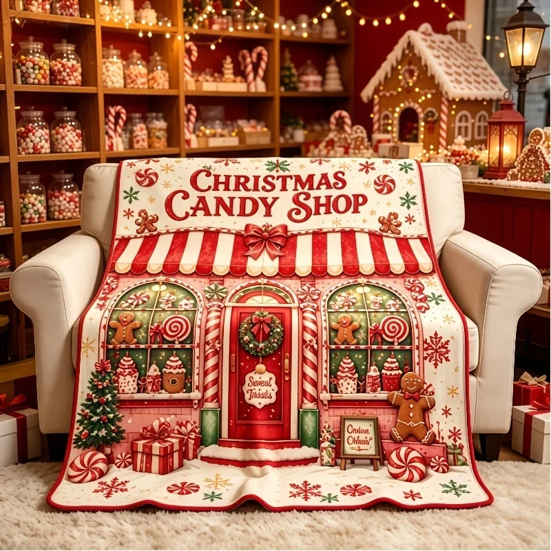 Christmas Candy Shop Gingerbread Man Print Throw Blanket, Xmas Lollipop Gingerbread House Decor Home Throw Blanket