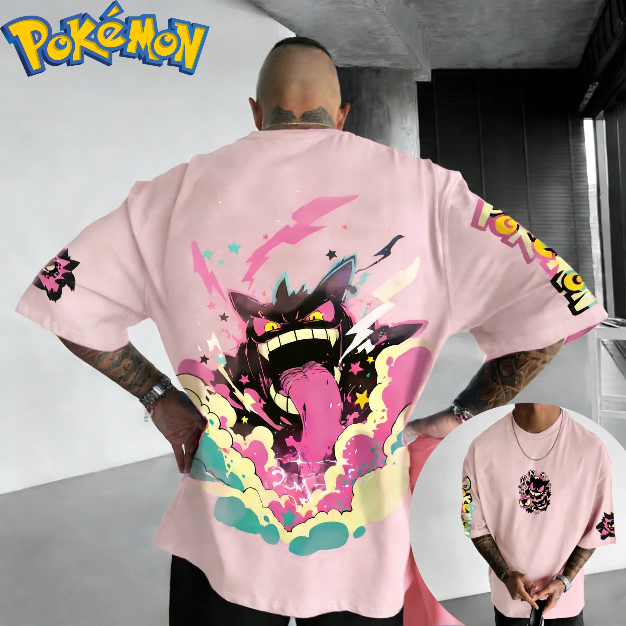 Nueva camiseta de algodón de Pokémon con estampado de espalda de Gengar, rosa, relámpago, azul, efectos de humo y estrella, ajuste holgado, informal para hombres y mujeres