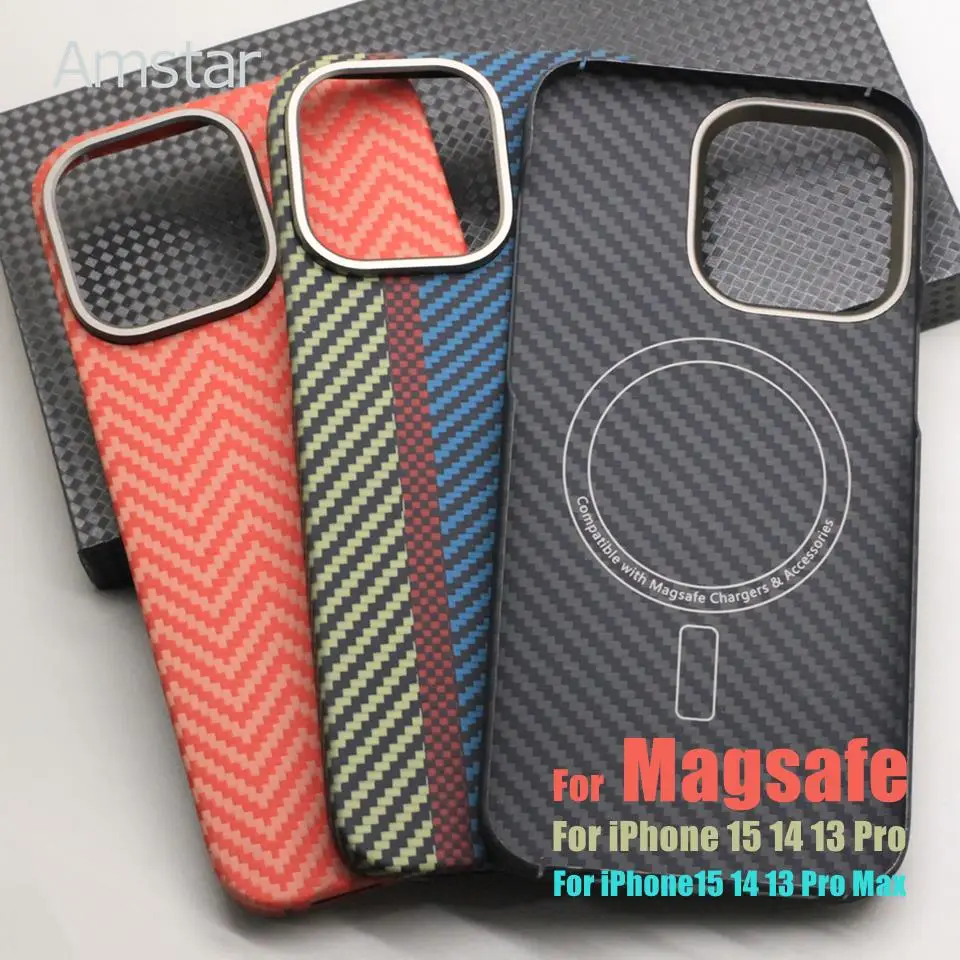 

Amstar Magnetic Carbon Fiber Phone Case for iPhone 15 14 13 Pro Max 15 14 Pro Aramid Fiber Metal Lens Ring Cover Suport Magsafe