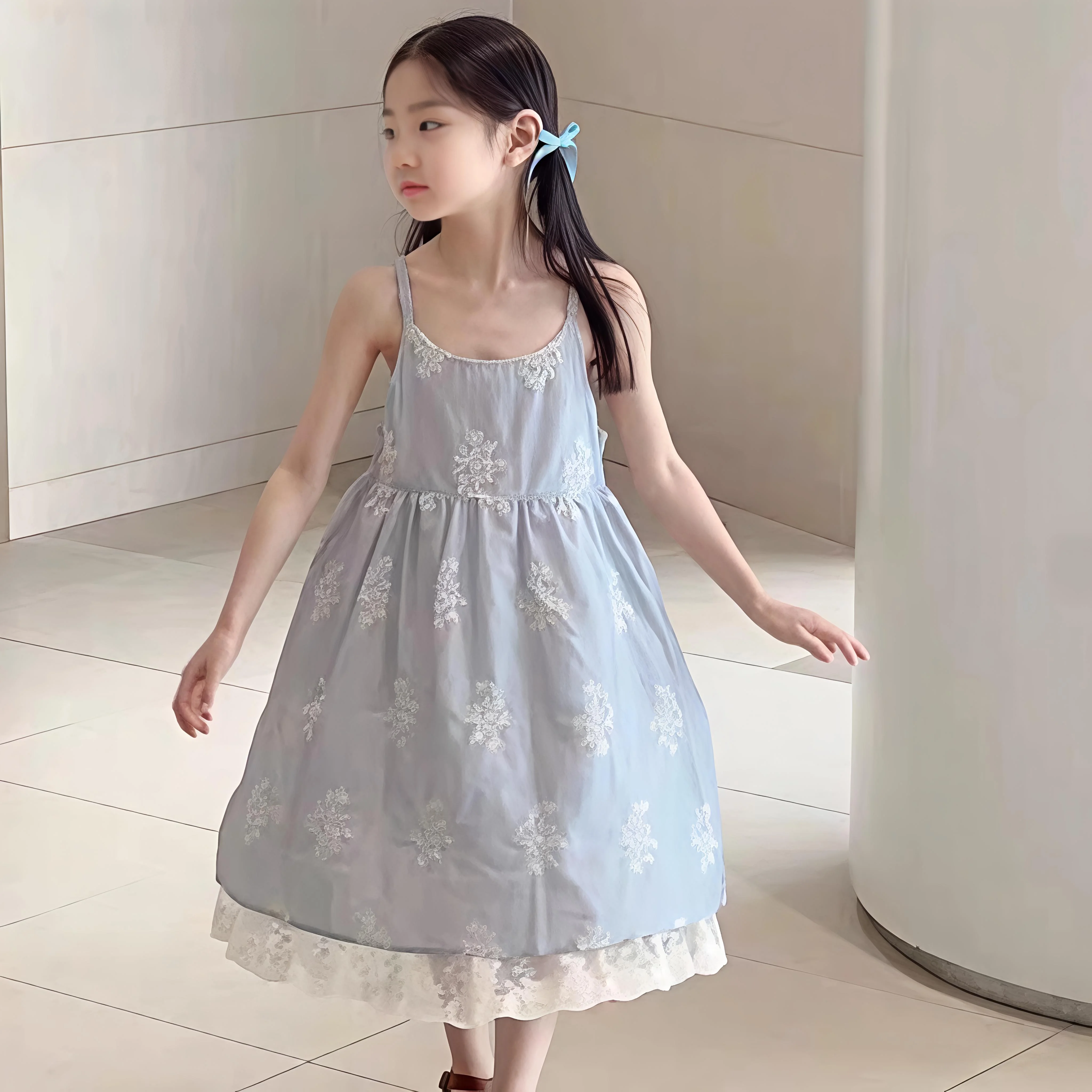 

Весенне-летнее синее полосатое платье принцессы с вышивкой для маленьких девочек, праздничный наряд для малышей, милая детская одежда