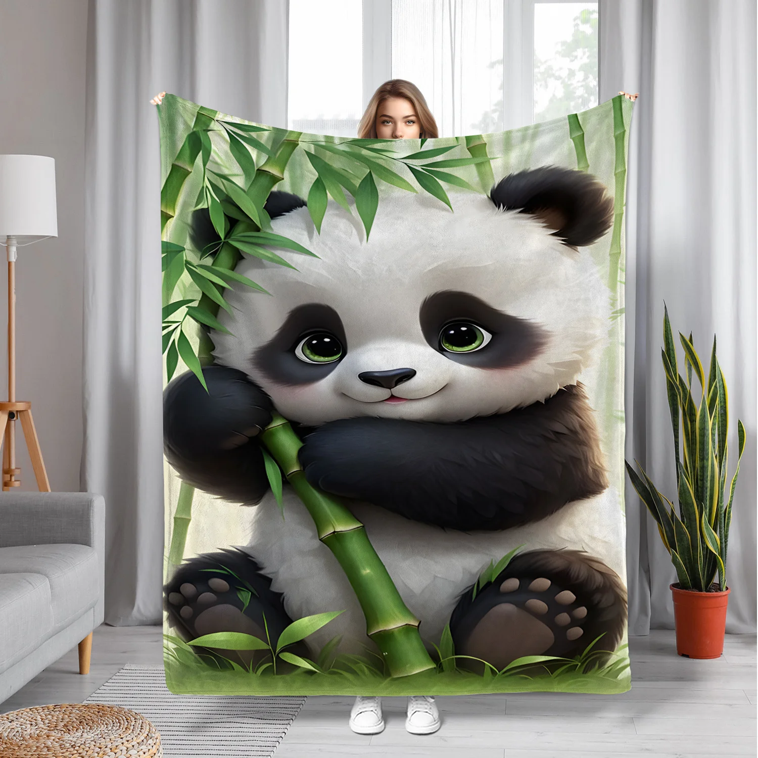 Cute Panda Holding Bamboo Green Leaves Fresh Style Throw Blanket for Sofa Soft Cozy Animal Print Blanket Decor