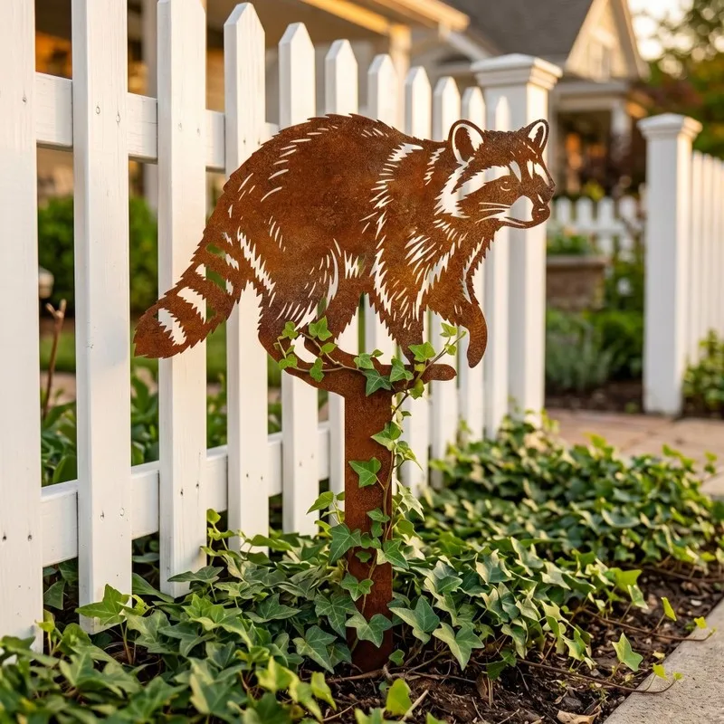【2DPlane】1Raccoon Rusty Metal Garden Stand，Woodland Animal Garden Decoration