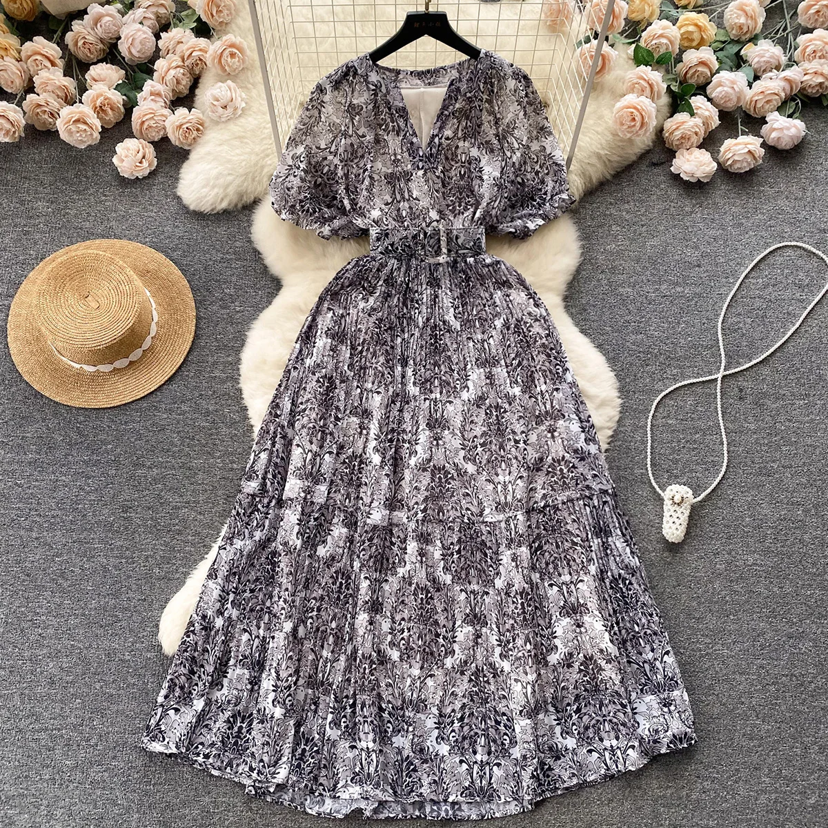 Imagem -03 - Croysier-vestido Vintage de Chiffon Midi Estampado com Cinto para Mulheres Manga Curta Soprada Decote v Elegante Vestido Plissado Verão 2023