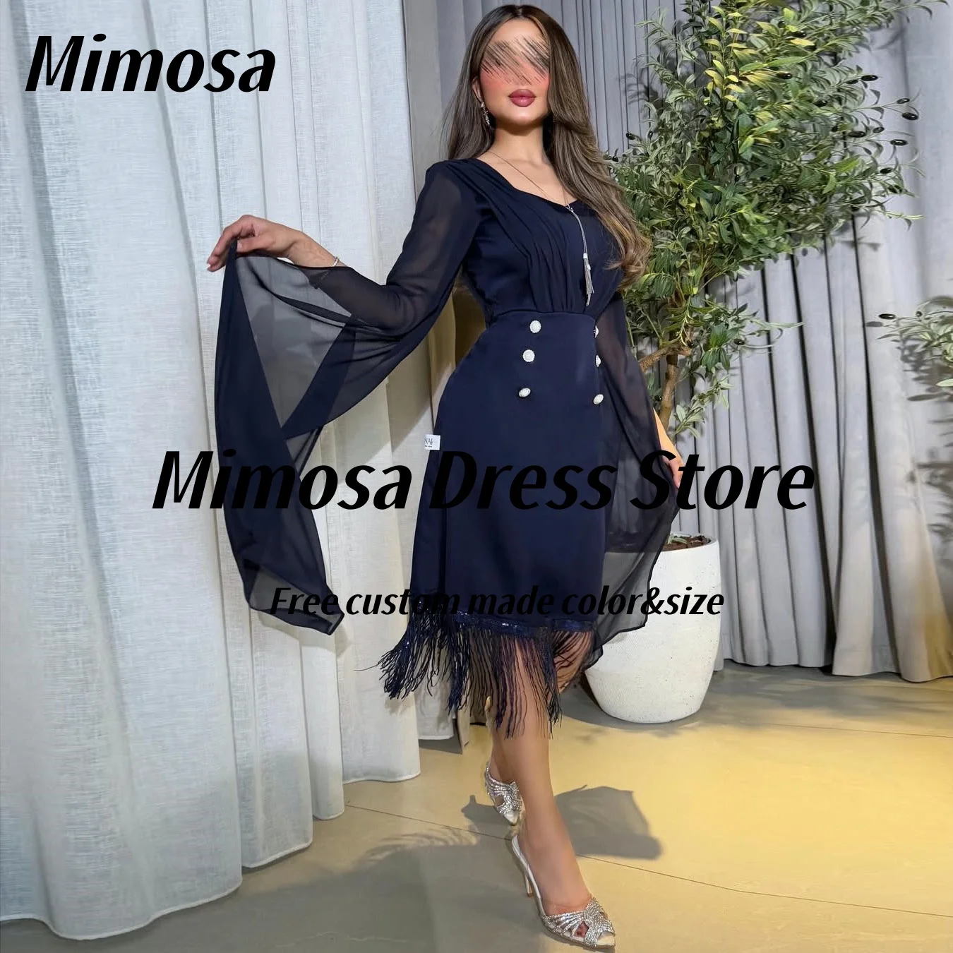 

Mimosa Navy Blue Prom Dresses 2025 Long Sleeves Robe Des Cocktail Party Dress with Tassels Short Evening Gowns Customized