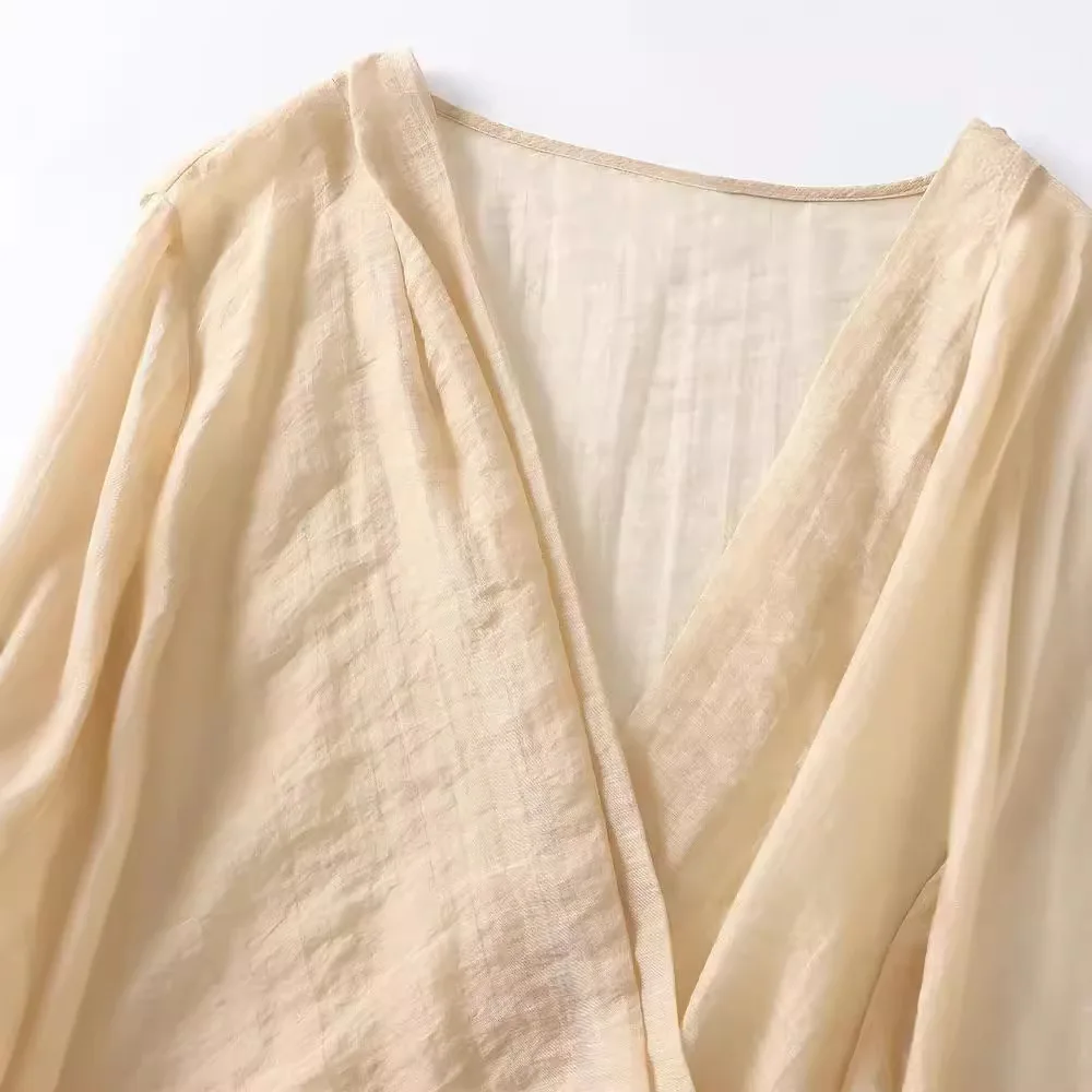 PRINTKAOIR 2024 Summer Ultra Thin Semi Sheer Women Casual Blouse Long Sleeve Wrap Lace Up V Neck Shirt Female Top Y2K Streetwear