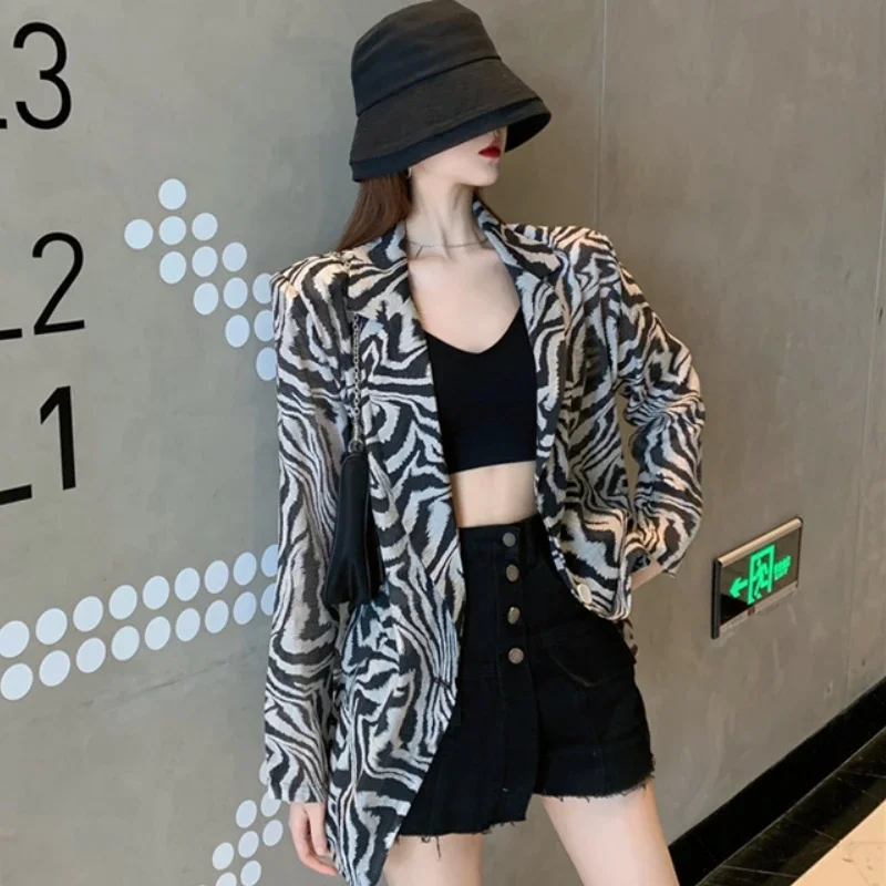 Women Black-white Zebra-stripe Blazers Causal Vintage Cool Streetwear Fashion Personality Female Spring Thin Jacket Loose Basic