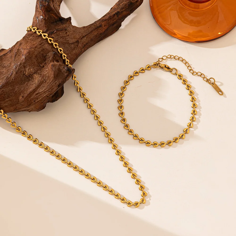 Kuziduocai 100% Stainless Steel New Fashion Jewelry Gold Color Width 4mm Splicing Hearts Charm Chain Necklace Bracelet For Women