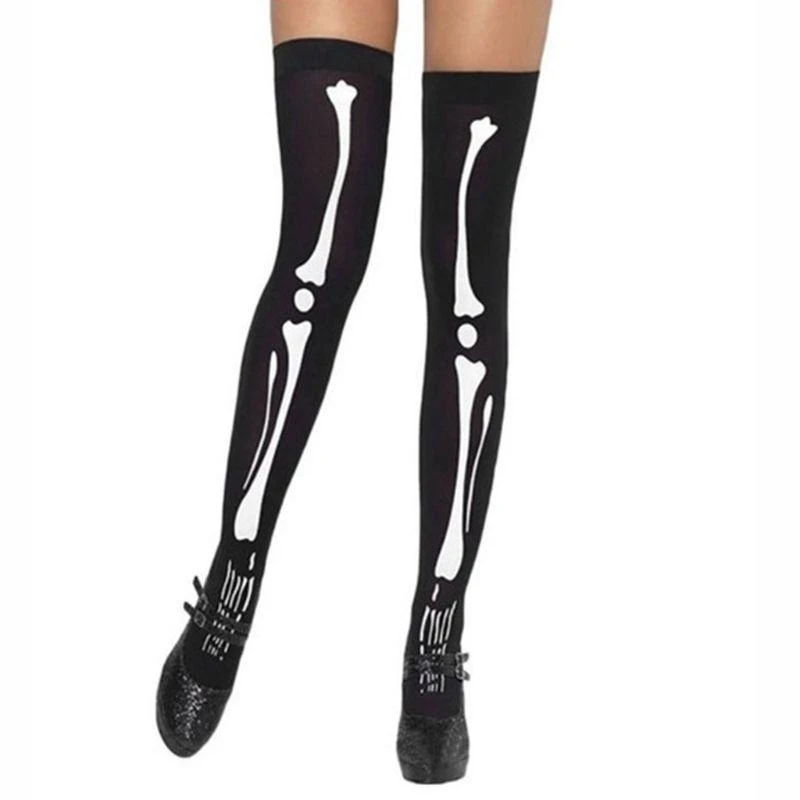 J15U Womens Halloween Cosplay Skull Skeleton Bone Gloves Thigh High Stockings Socks