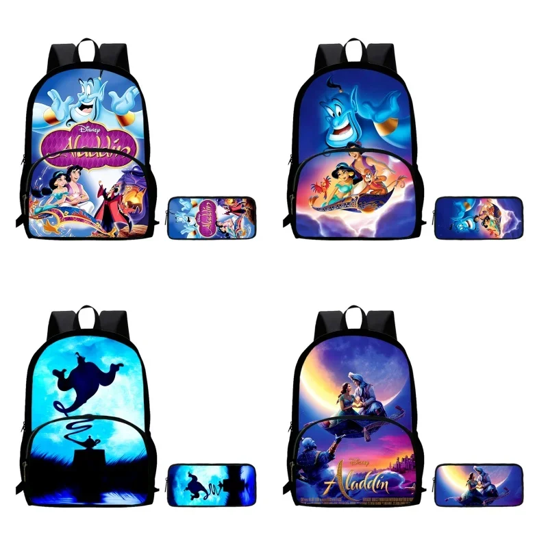 Mochila 2Pcs Set Aladdin School Backpack with Front Pocket,School Bags for Girls Boys,Durable Light Weight Cartoon Kids Bags