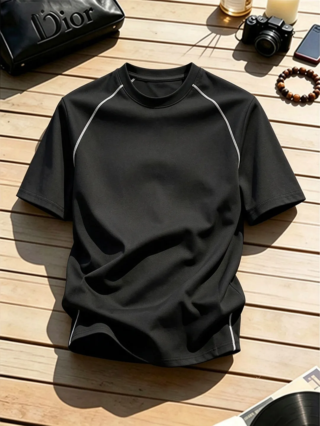 Black Ice Silk Short Sleeve T-Shirt Men's Summer Quick Dry Sportswear round Neck Outdoor Vintage American Style Slim Fit Casual