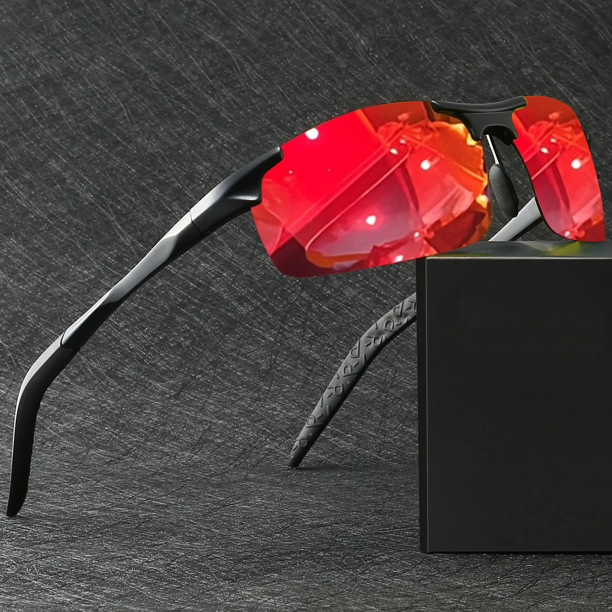 Klassische, halbrandlose, quadratische, polarisierte Retro-Sonnenbrille – leichter PC-Rahmen und Federscharniere, UV400, Unisex zum Fahren, Angeln