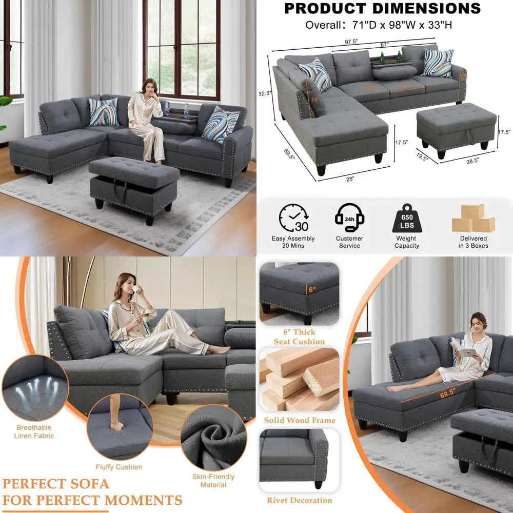 

Modern 4-Seat Sectional Sofa with Chaise Lounge, Ottoman, and Pillows for Living Room | L-Shaped Couch | Contemporary Furniture