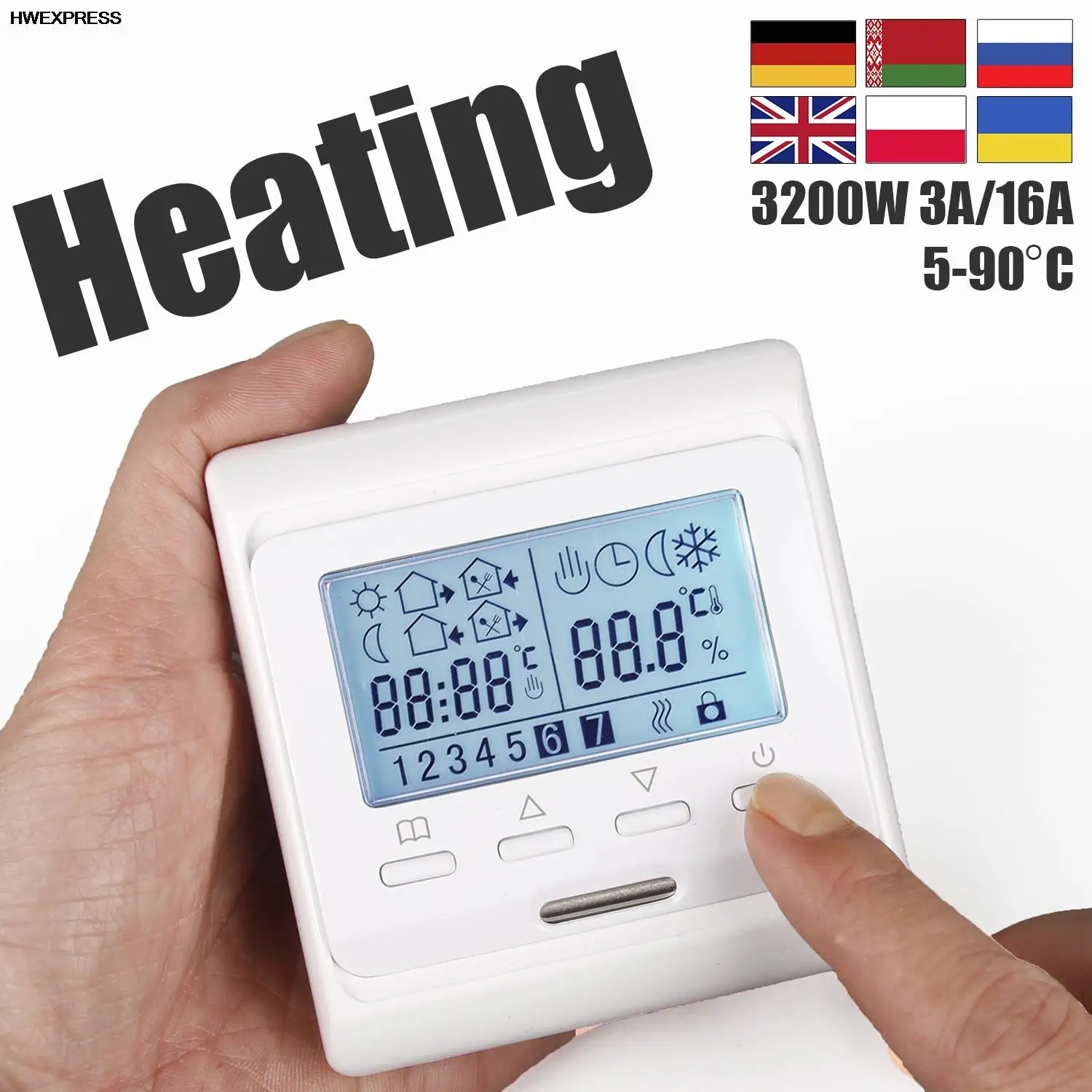 

7Days Programming Floor Heating Room Thermostat 3A/16A,230VAC For Water Heating/Electric Heating