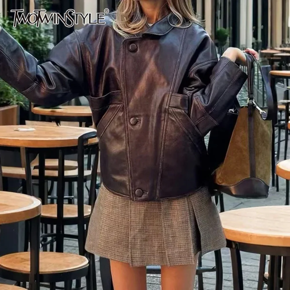 

TWOTWINSTYLE Solid Basics Spliced Pocket Jacket for Women Lapel Long Sleeve Patchwork Button Autumn Leather Coat Female Clothes