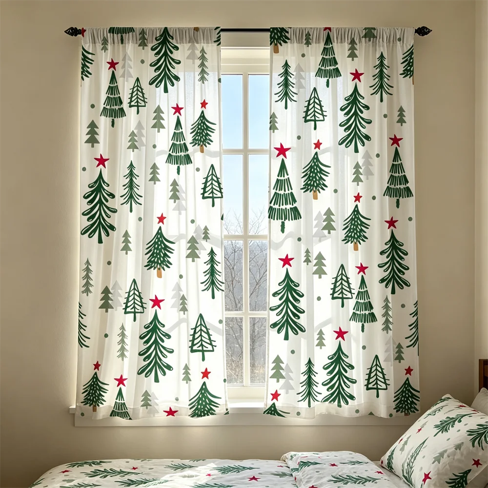 2PCS Christmas Curtains, Hand drawn little pine trees Print, Bedroom Living Room Window Drapes, Rod Pocket Polyester, Home Decor