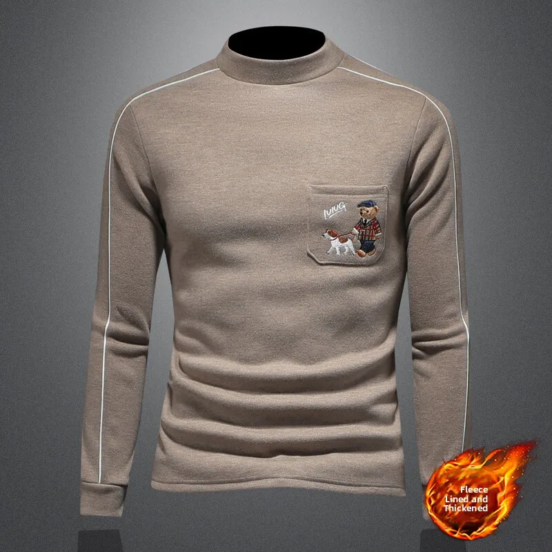 

Thiened Fce Men's Sweatirt Embroidered T-irt Winter New Sle Base irt Warm f High Collar Trendy Brand Station