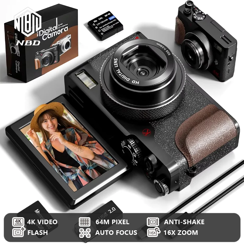 Cámara Digital NBD K100C de 56MP para Fotografía 4K 180 °   Cámara Compacta con Pantalla Abatible y Zoom de 16x - Negra