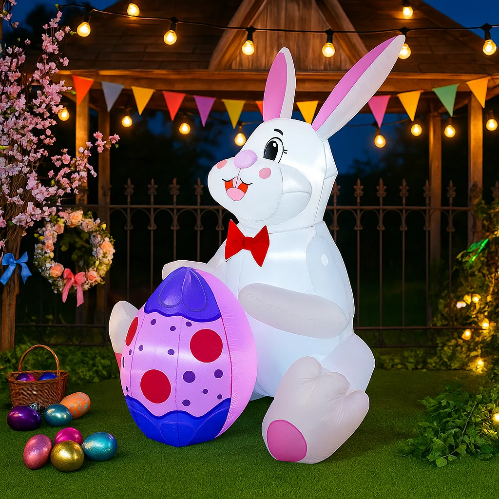 

Надувная декорация для Пасхальной вечеринки: Белый кролик, обнимающийся с пасхальными яйцами, 1,8 м, светодиодная подсветка, для сада