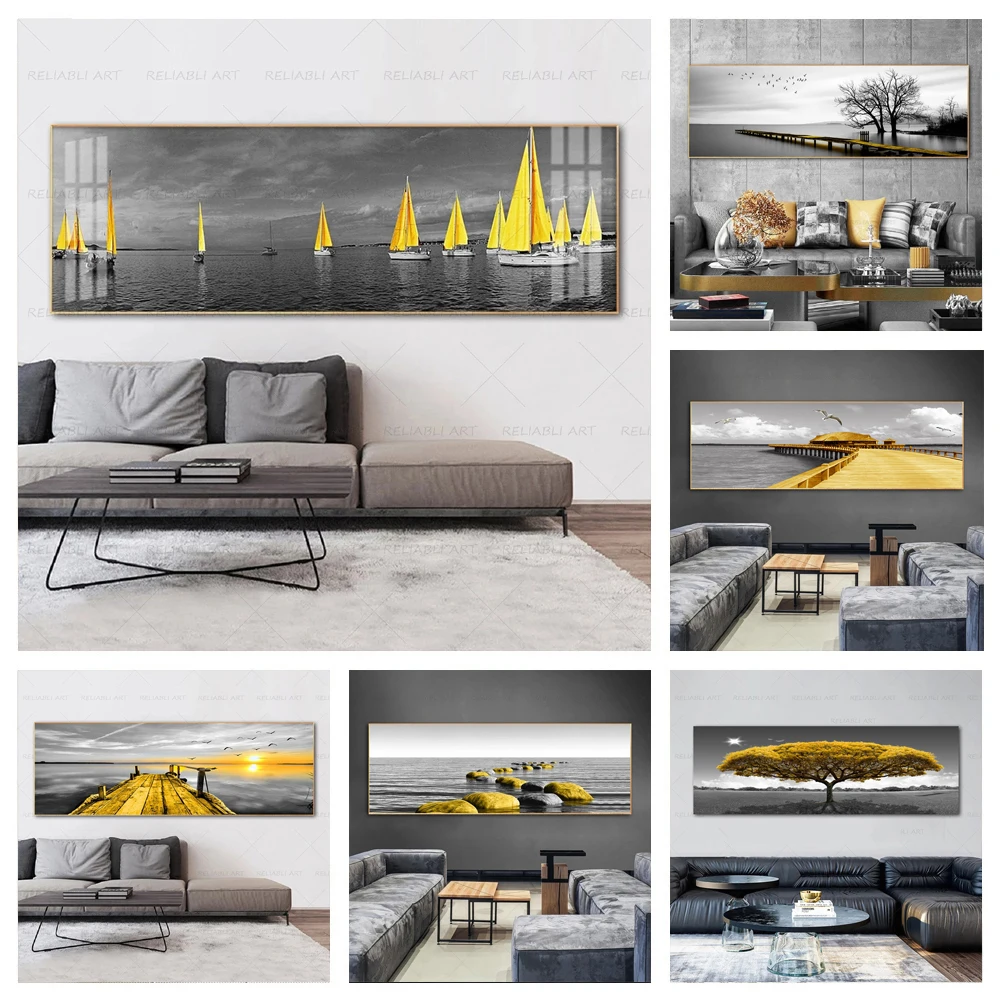 

Yellow Boat Tree Nordic Poster Landscape Pictures Canvas Prints Wall Art Painting For Living Room Modern Home Decor Bedside Art