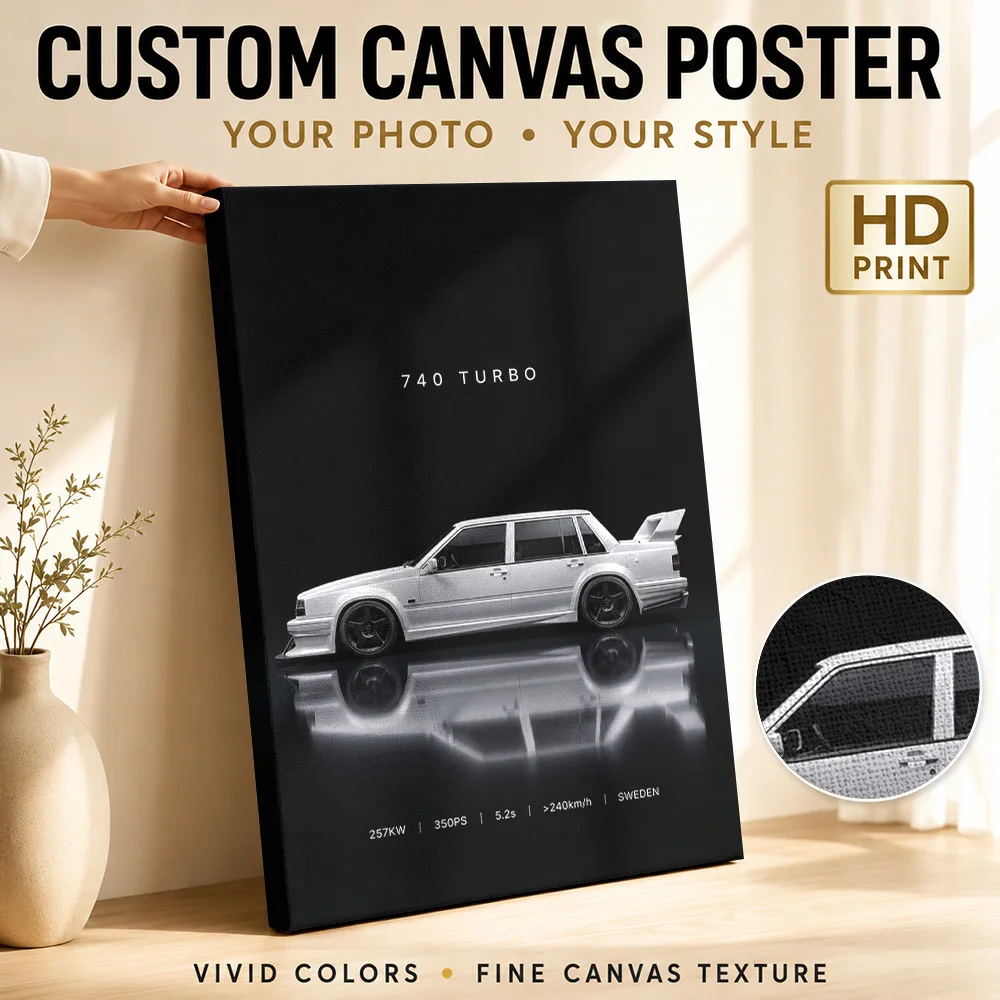 Sleek Modified Swedish 740 Turbo White Car Canvas Painting Poster Personalized Photo Gallery Style Canvas Wall Art Garage Decor
