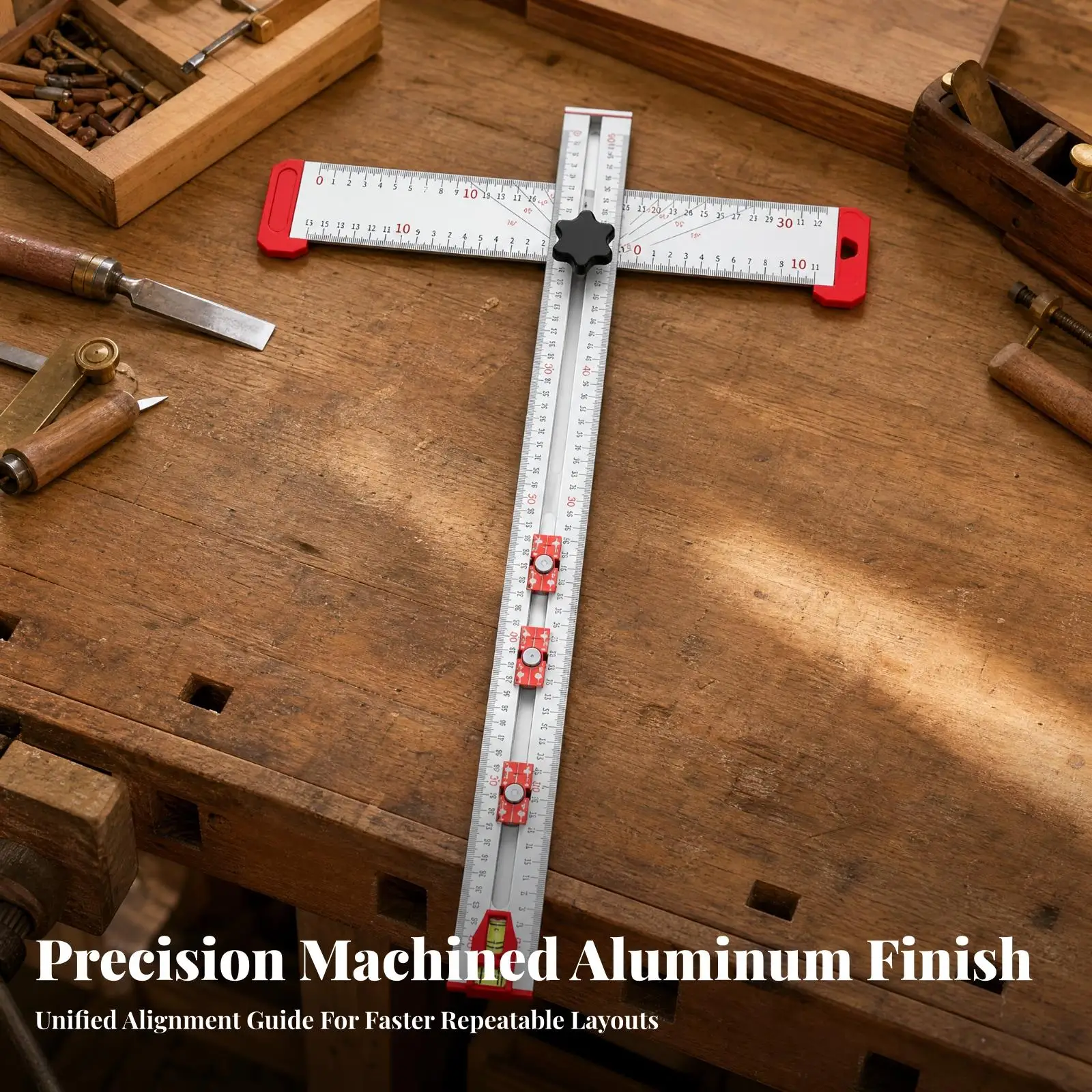 Multifunctional T Ruler with Bubble Level and Sliding Block for Carpenter Measuring Tool Workshop Marking Square for Shelving