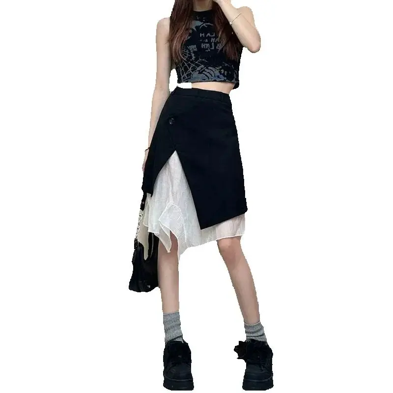 Irregular Fake Two-Piece Black Skirt Women 2025 Spring Summer New Design Retro Versatile Niche Splicing Medium Skirt