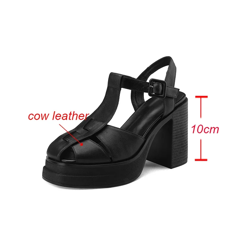 Summer Women Sandals 2024 New Platform Genuine Leather Shoes Handmade Rome Style Thick High Heels Lady Footwear Black 40