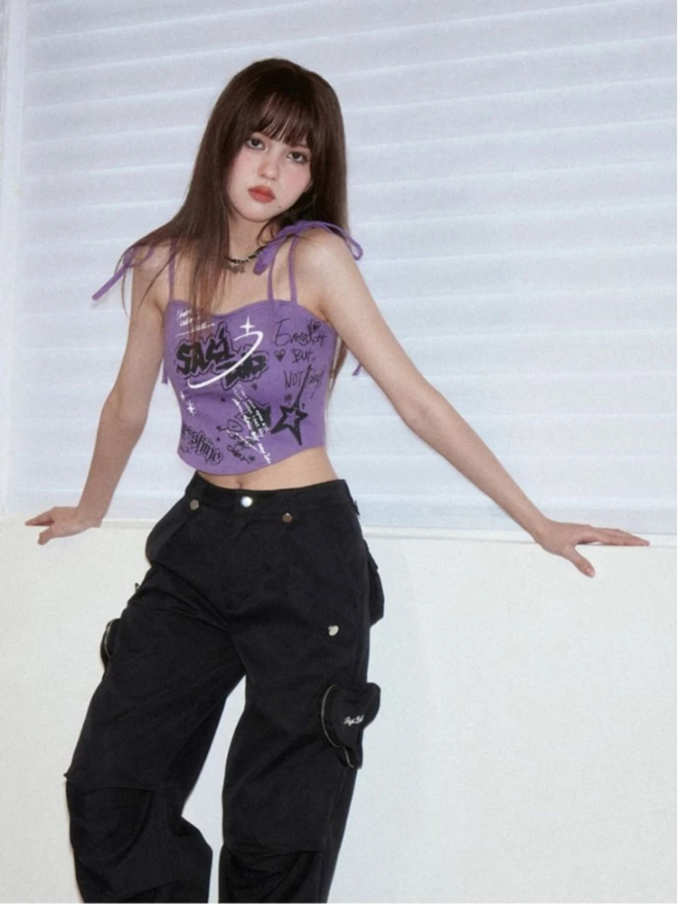 Y2K printed hot girl punk vest summer purple camisole graffiti printed camisole vest sexy slim fit women's top streetwear emo