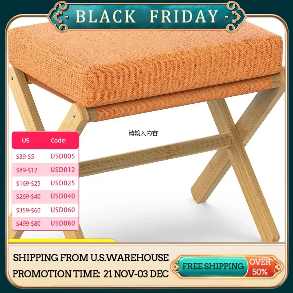 Make-up stool, foldable bamboo X footstool, footrest chair for dresser, footstool, small cushion, dressing room, living room