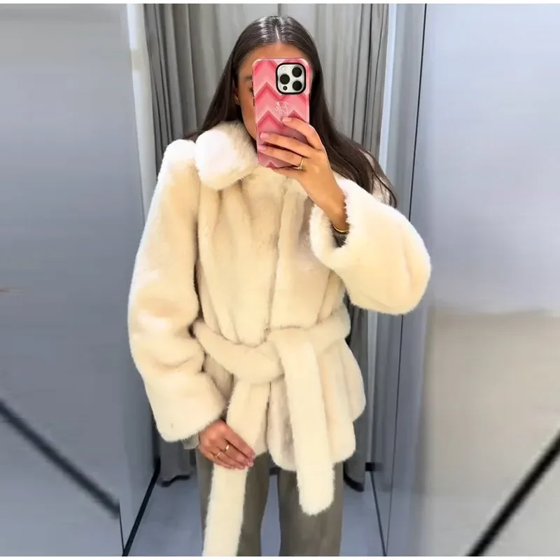 

Faux Fur Jackets Women Loose Lapel Long Sleeves Belts Fluffy Thicken Coats Female 2025 Winter Chic Warm Solid Casual Outwears