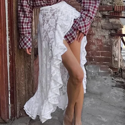 White Lace Ruffle Jacquard Commuting Skirt 2025 EU/US Spring Fashion New Long Skirt for Women