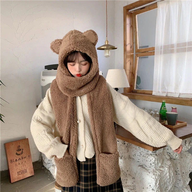 50JB 3 in 1 Hooded Long Scarf Hat with Pockets Gloves for Cat Ears Plush Warm Shawl