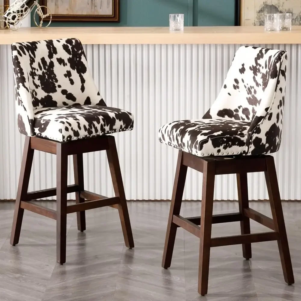 Set of 2 Counter Height Swivel Bar Stools with Back, Upholstered Seats, Cowhide Print