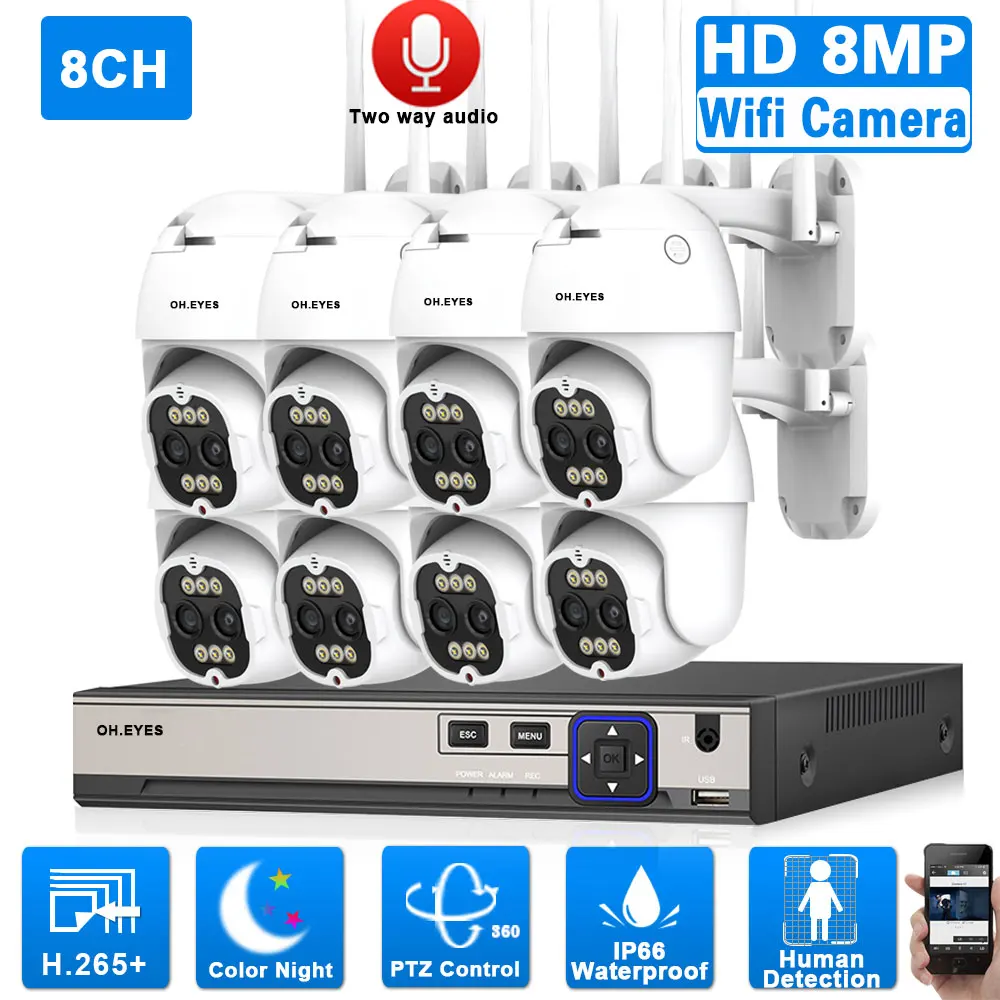 

4K PTZ CCTV Camera Security System Kit 8CH 8MP POE NVR With 8X Zoom Color Night Vision Wifi Wireless Surveillance Camera System