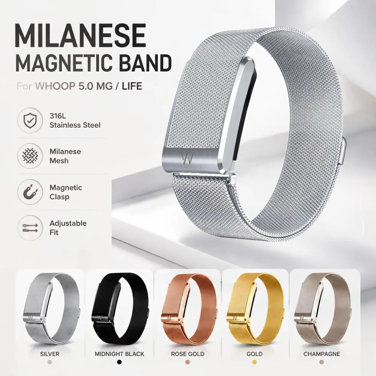 Stainless Steel Milanese Replacement Strap Compatible With Whoop 5.0 Mg Metal Adjustable Fitness Tracker Wrist Band