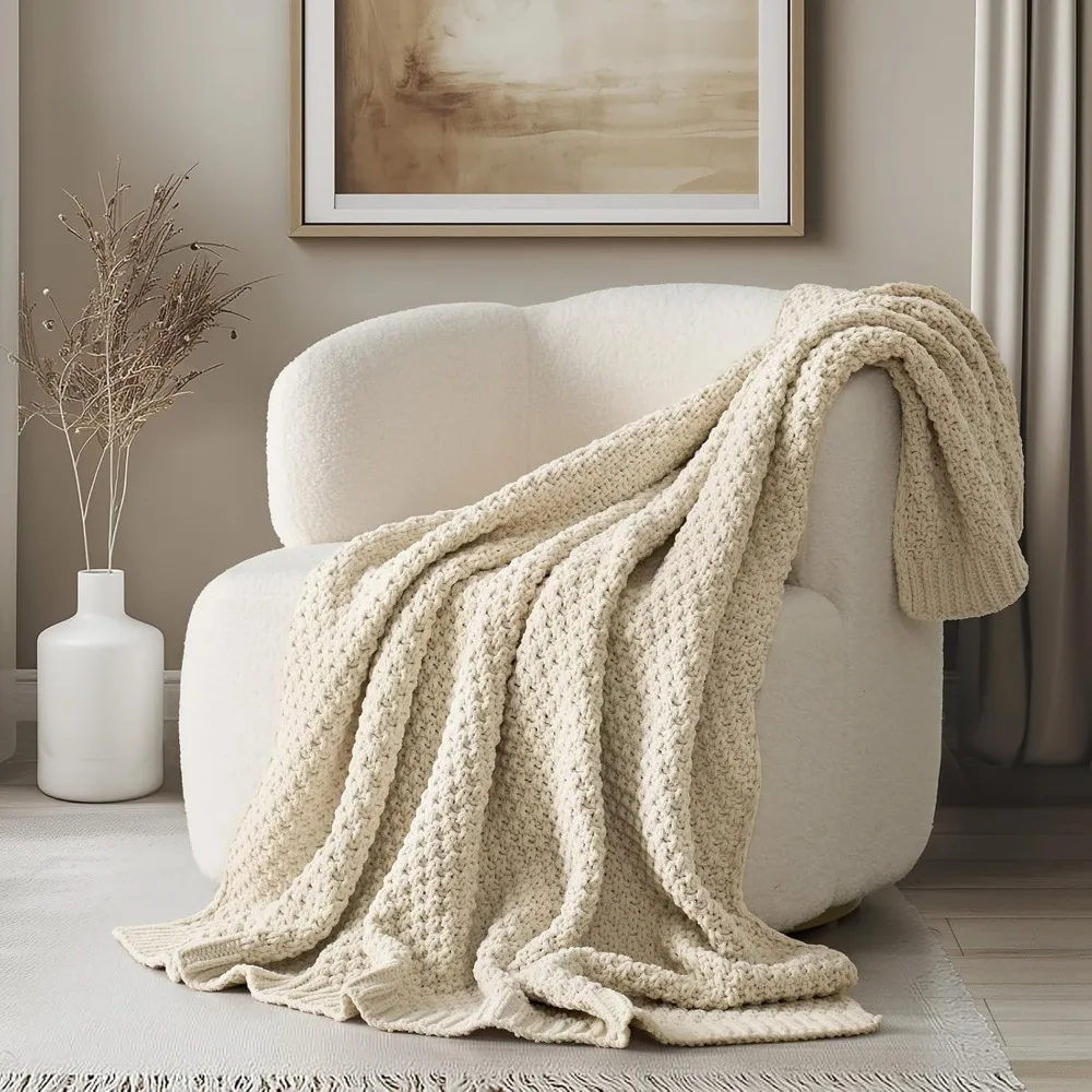 

Chunky Chenille Knit Throw Blanket for Couch, Soft Luxurious Moss Stitch Blankets for Bed, Cozy Decorative Farmhouse Knitted Thr