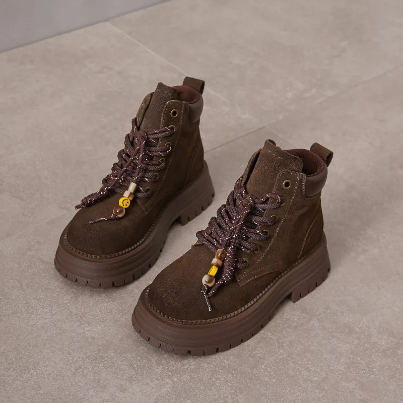 

Fashion Boots Autumn New Round Toe Suede Lace-up Platform Non-slip Wear-resistant Square Heel Mid-leg Boots