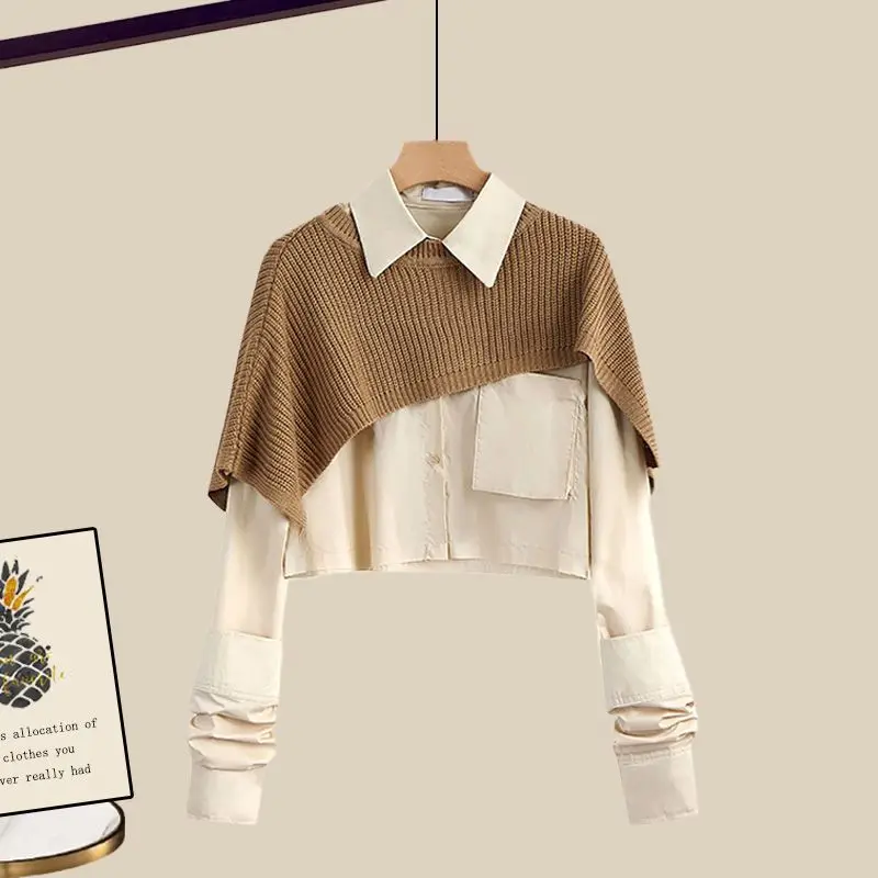 Conjunto de otoño e invierno para mujer, camisa chal holgada, media falda tejida de cintura alta, conjunto minimalista de dos piezas a la moda, novedad de 2023