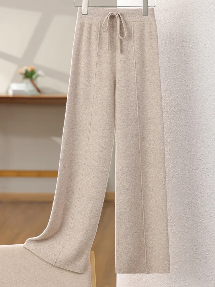 New Arrival Women High Waist Wide Leg Pants For Autumn Winter Thick Warm Solid Basic Casual Trousers 100% Merino Wool Knitwear