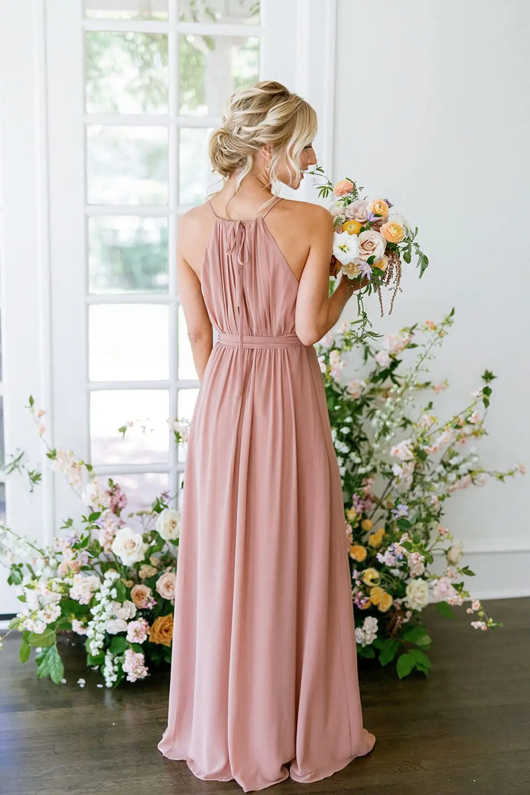 Flowy Long Plus Size Bridesmaid Dresses with Sleeves Cold Shoulder Split Plunging Formal Party Dresses with Pockets wedding